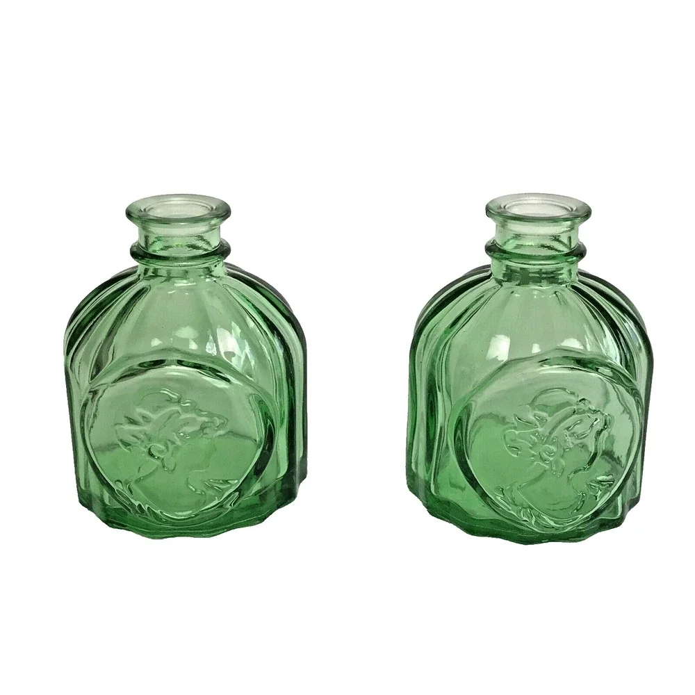 Green Colored Glass Round Vintage Style Apothecary Jars/Vases 3.25in Pair